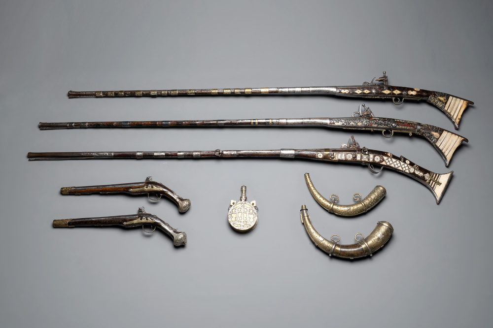 Three impressive flintlock muskets or 'moukahlas', two percussion pistols and three gunpowder horns, Morocco, 18/19th C.