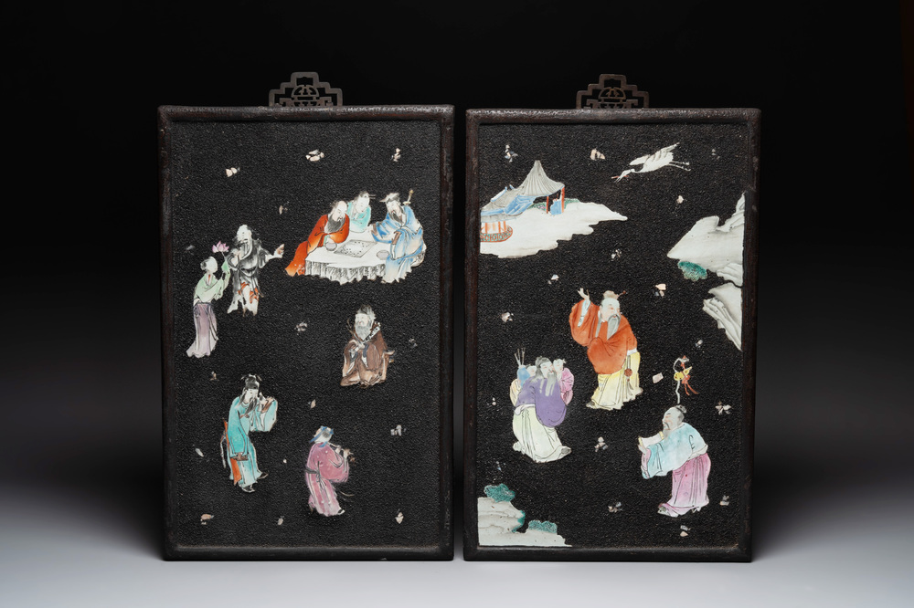 A pair of Chinese famille rose black-gravel-ground plaques, Jiaqing
