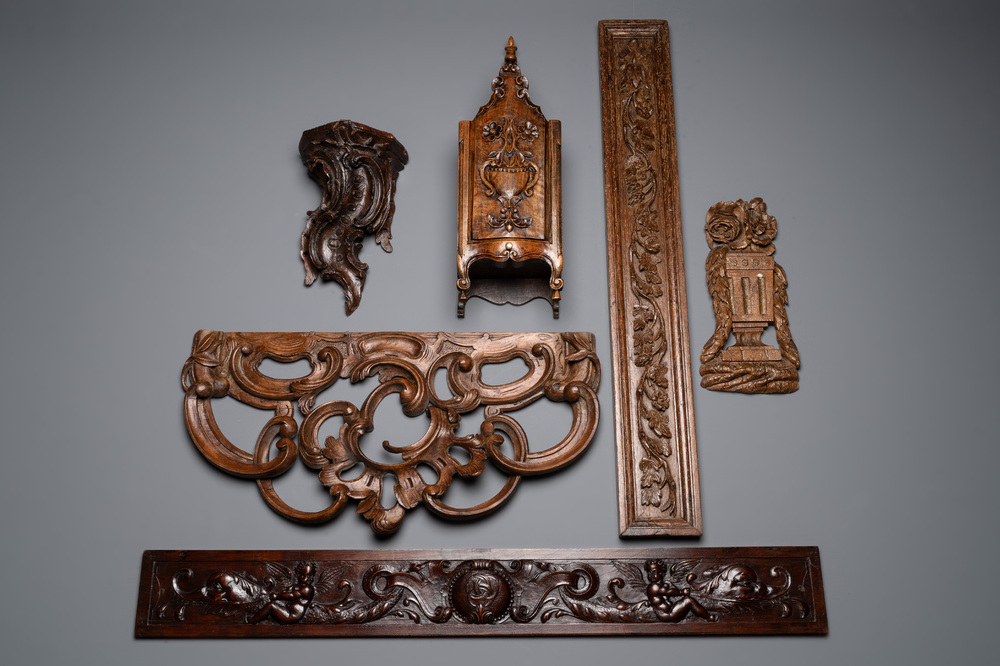 Five Baroque and Rococo wooden carvings and a fine farini&egrave;re or flour box, Flanders and France, 18th C.