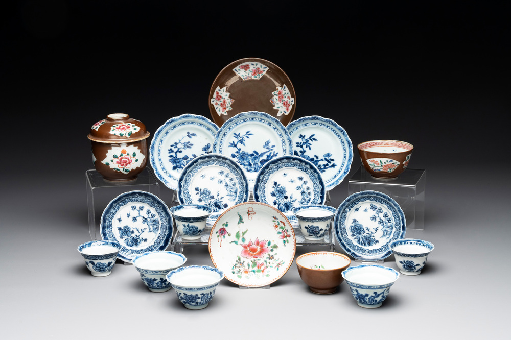 A varied collection of Chinese blue and white, and famille rose tea wares, Qianlong