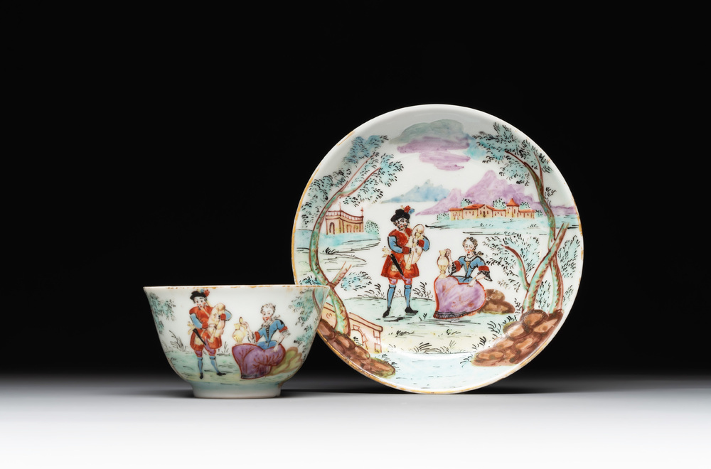 A Dutch-decorated Chinese porcelain cup and saucer with figures in a landscape, 18th C.