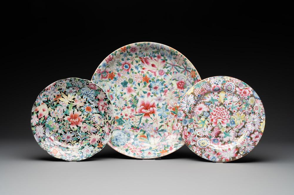 A Chinese famille rose 'millefleurs' dish and two plates, Qianlong and Jiu Jiang Jin Hua 九江錦華 mark, 20th C.