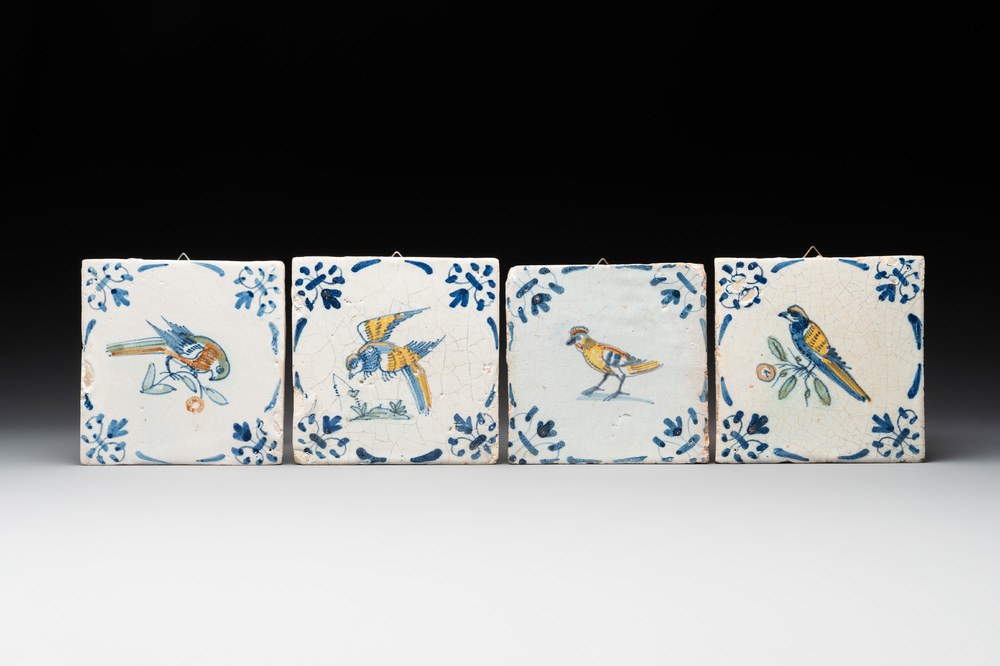 Four polychrome Dutch Delft 'bird' tiles, 17th C.