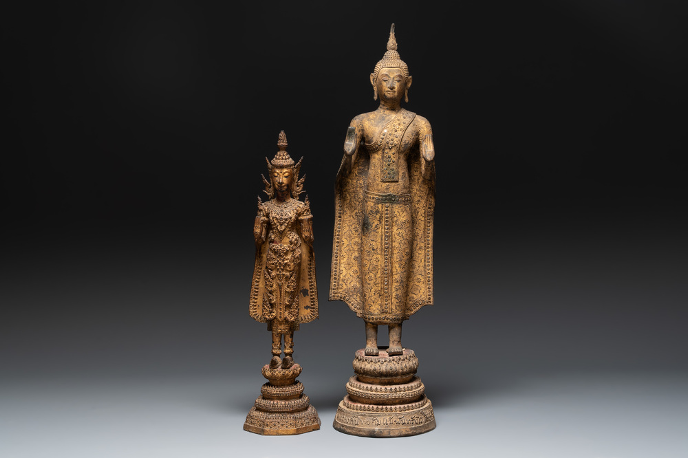 Two Thai mica-inlaid gilt bronze standing Buddhas in Rattanakosin-style, 19th C.