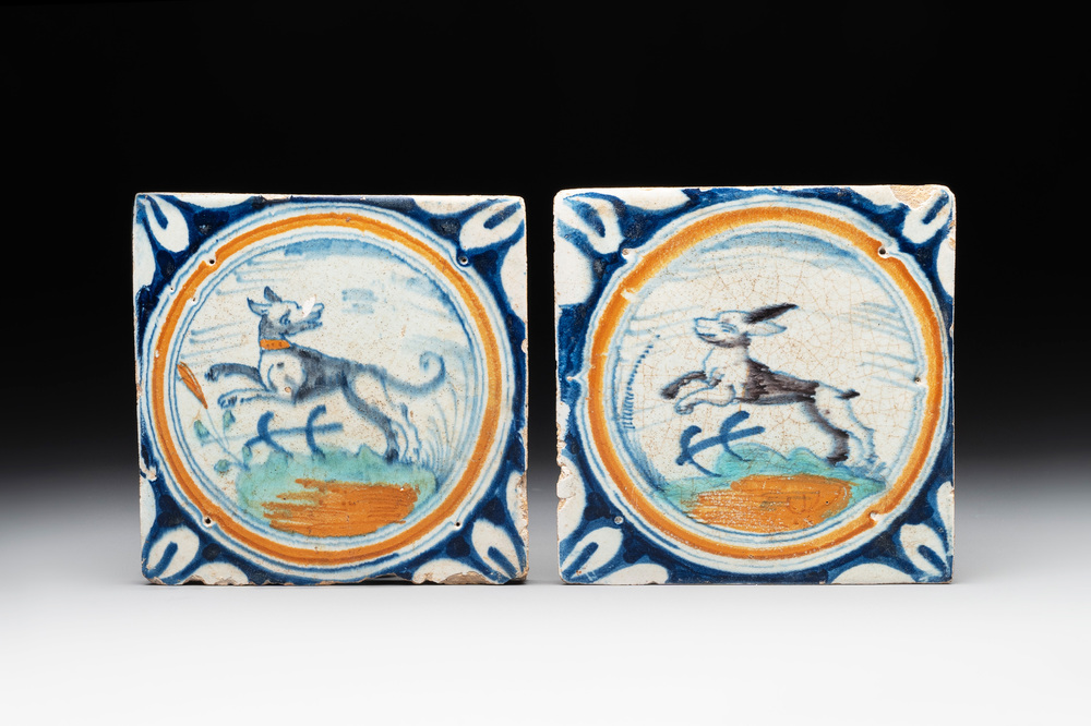 Two polychrome Dutch Delft maiolica 'medallion' 'dog' and 'hare' tiles, late 16th C.