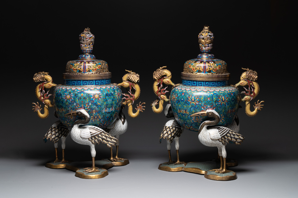 A pair of large and impressive Chinese cloisonn&eacute; 'dragons and cranes' censers and covers, 19/20th C.