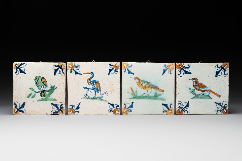 Four polychrome Dutch Delft tiles with birds, 17th C.