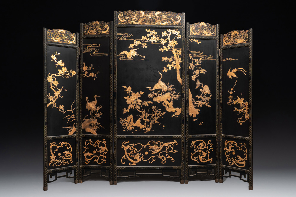 A Chinese gilt-lacquered wooden five-panel folding screen with birds and dragons, 19th C.