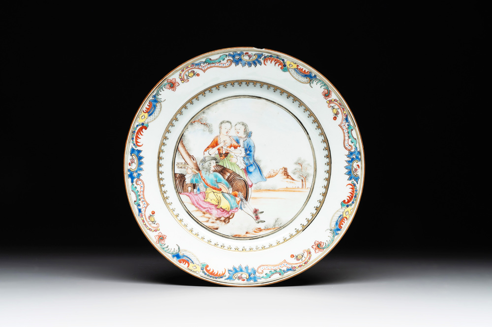 A Chinese famille rose 'European subject' plate, Qianlong, ca. 1750
