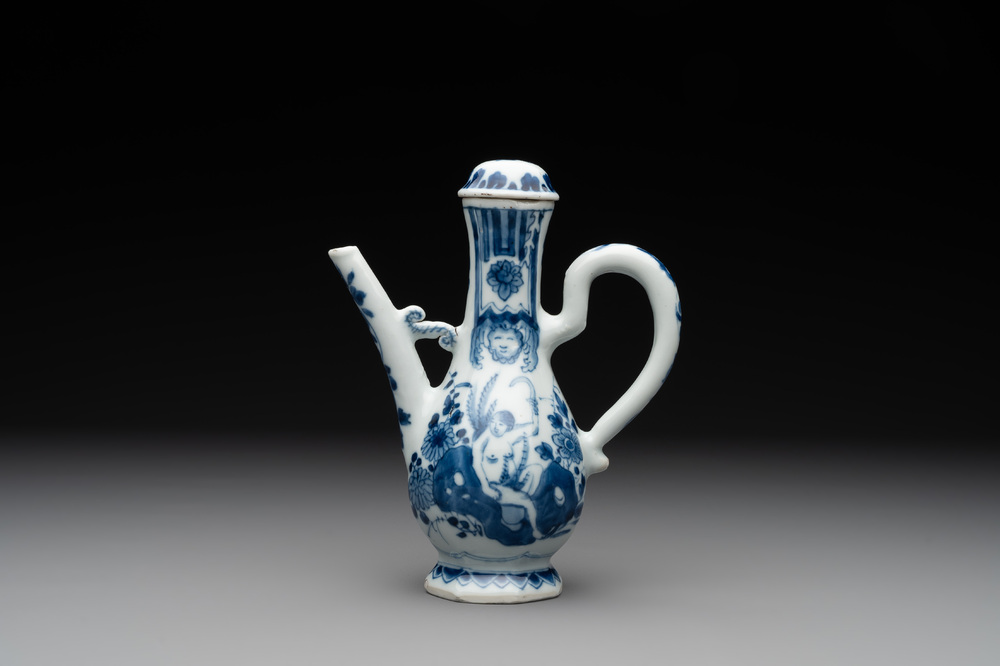 A Chinese blue and white 'nude figure' jug and cover, Kangxi, ca. 1680