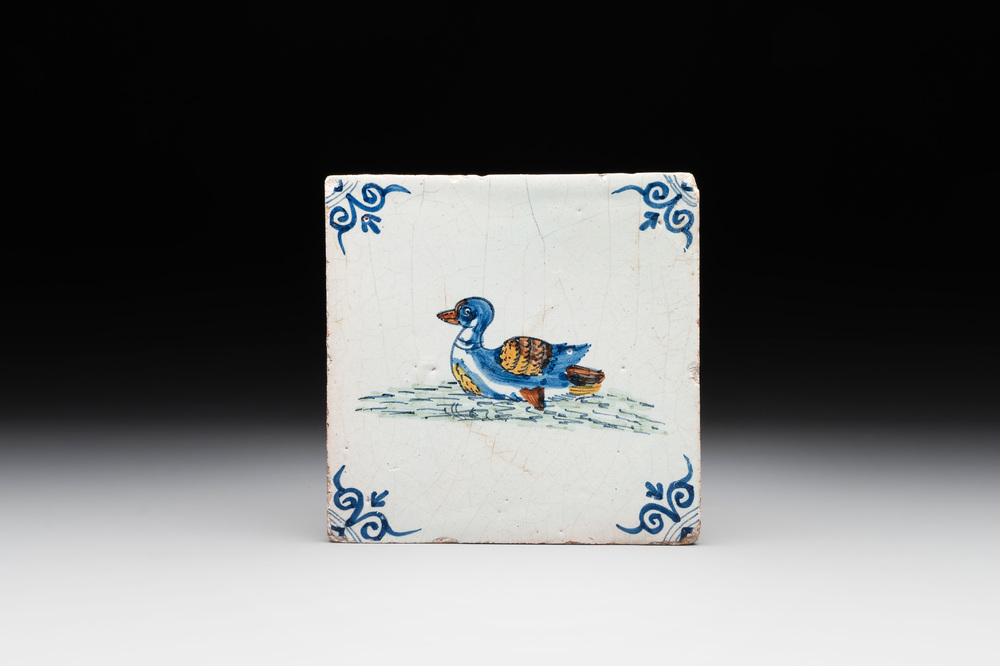 A polychrome Dutch Delft 'duck' tile, 17th C.