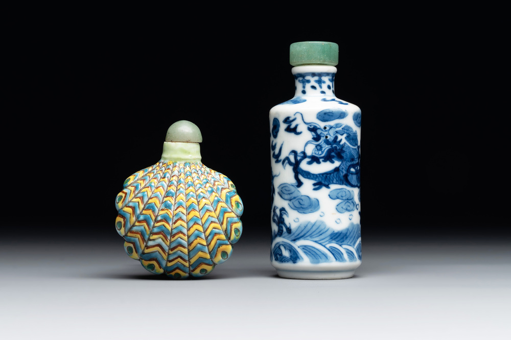 A Chinese blue and white 'dragon' snuff bottle and a polychrome 'peacock' snuff bottle, Yongzheng mark, 19/20th C.