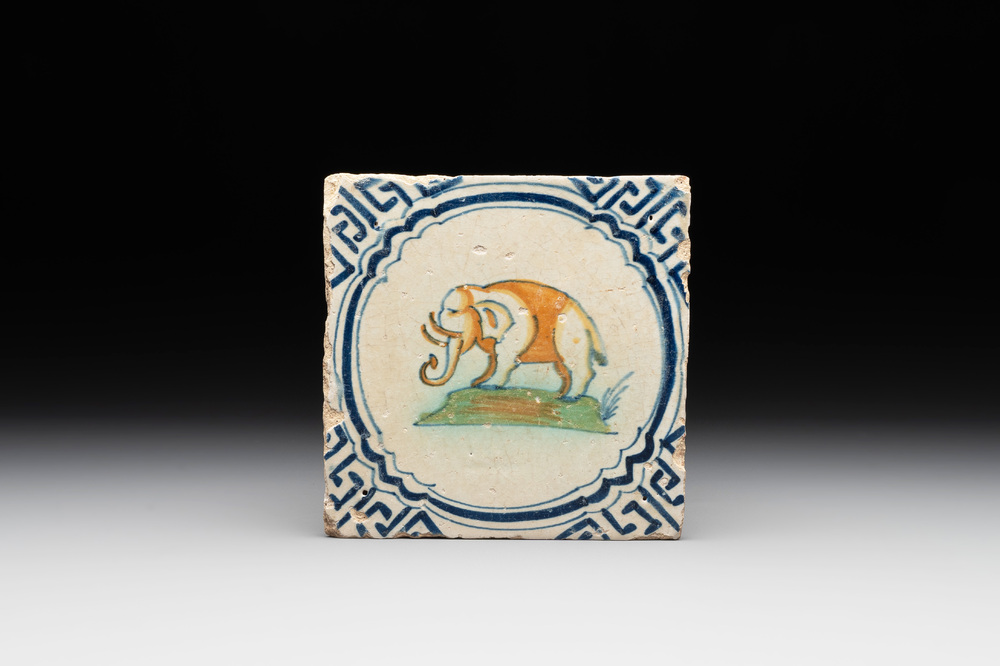 A polychrome Dutch Delft 'elephant' tile, 17th C.