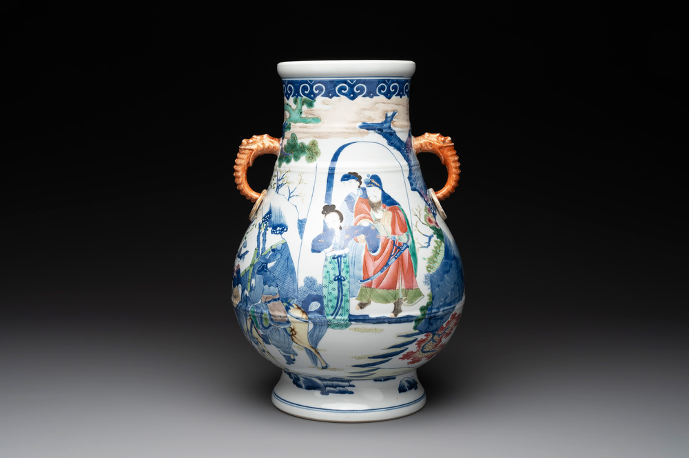 A Chinese famille rose 'hu' vase with figural design, Jiaqing mark, 19/20th C.