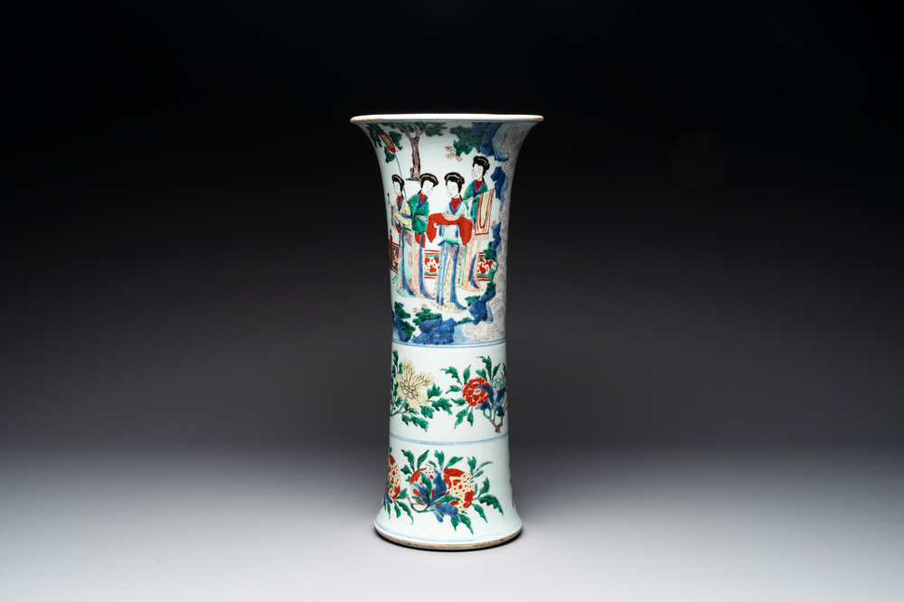 A Chinese wucai 'gu' vase with narrative design, Transitional period