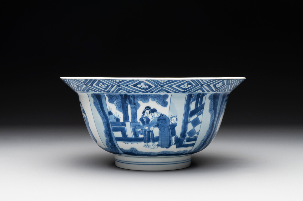 A Chinese blue and white 'Xi Xiang Ji' 'klapmuts' bowl, Kangxi mark and of the period