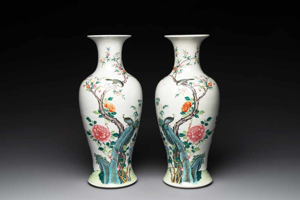 A pair of Chinese famille rose 'birds among flowering branches' vases, Republic
