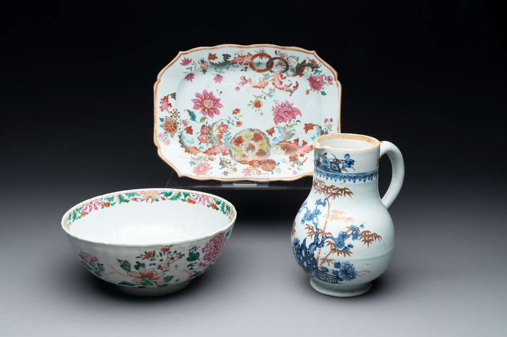 A Chinese famille rose 'pseudo-tobacco leaf' dish, a bowl and a blue and white gilt-decorated jug, Qianlong