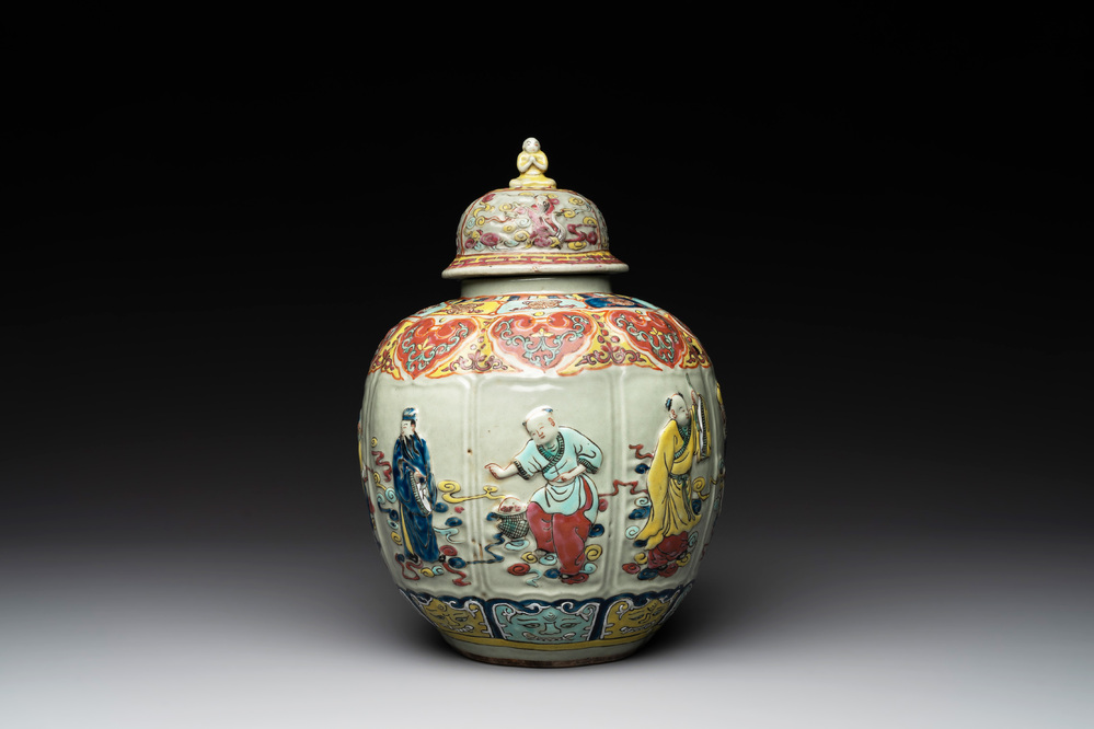 A rare Chinese famille rose relief-moulded 'Eight Immortals' vase and cover for the Thai market, Yongzheng mark, 19th C.