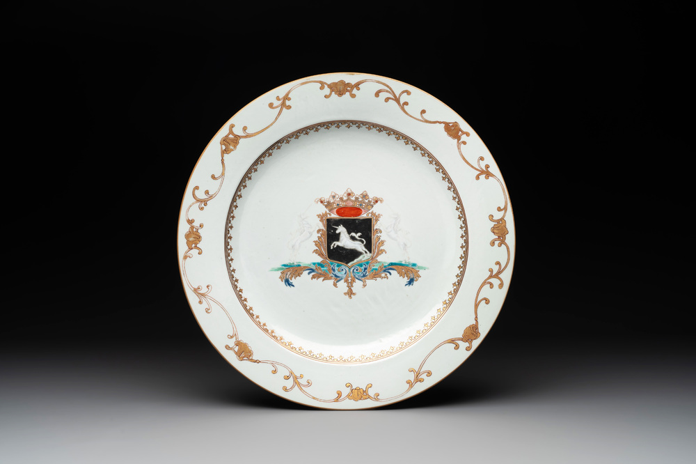 A Chinese famille rose armorial dish with the arms of van Beeftingh for the Dutch market, Qianlong, ca. 1745