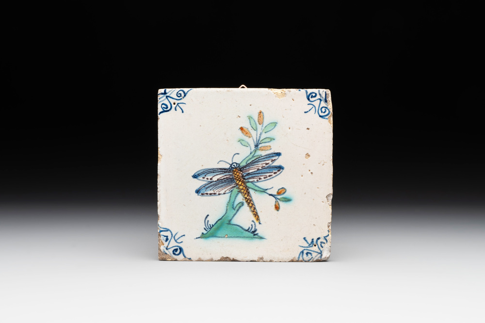 A polychrome Dutch Delft 'dragonfly' tile, 17th C.