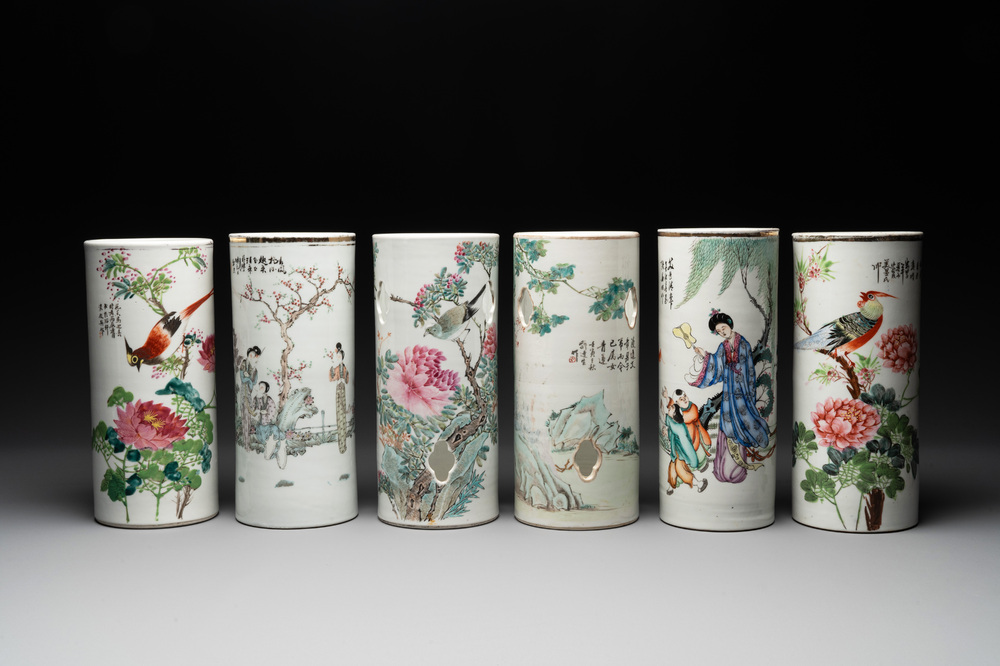A collection of six Chinese famille rose hat stands, 19/20th C.