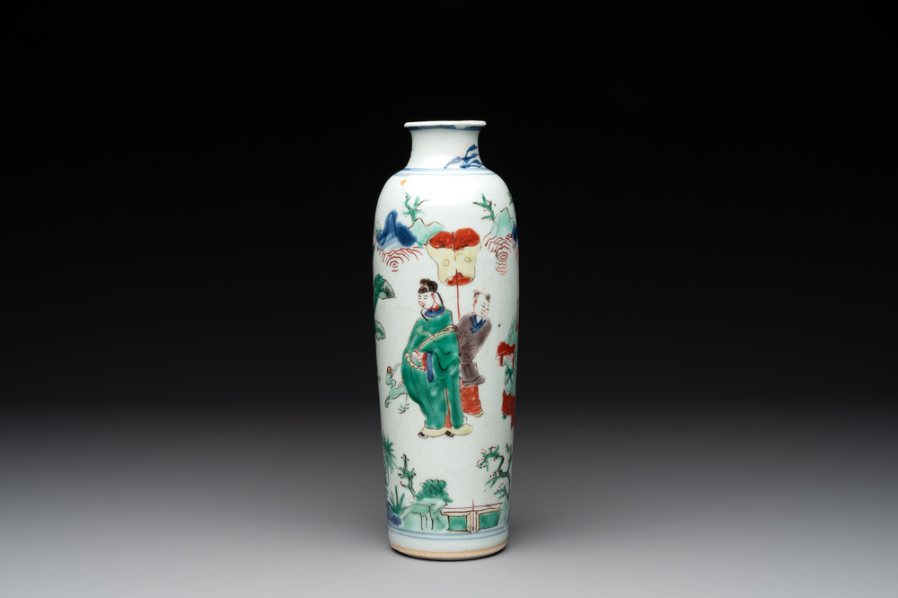 A Chinese wucai 'sleeve' vase with a scholar and servants, Transitional period