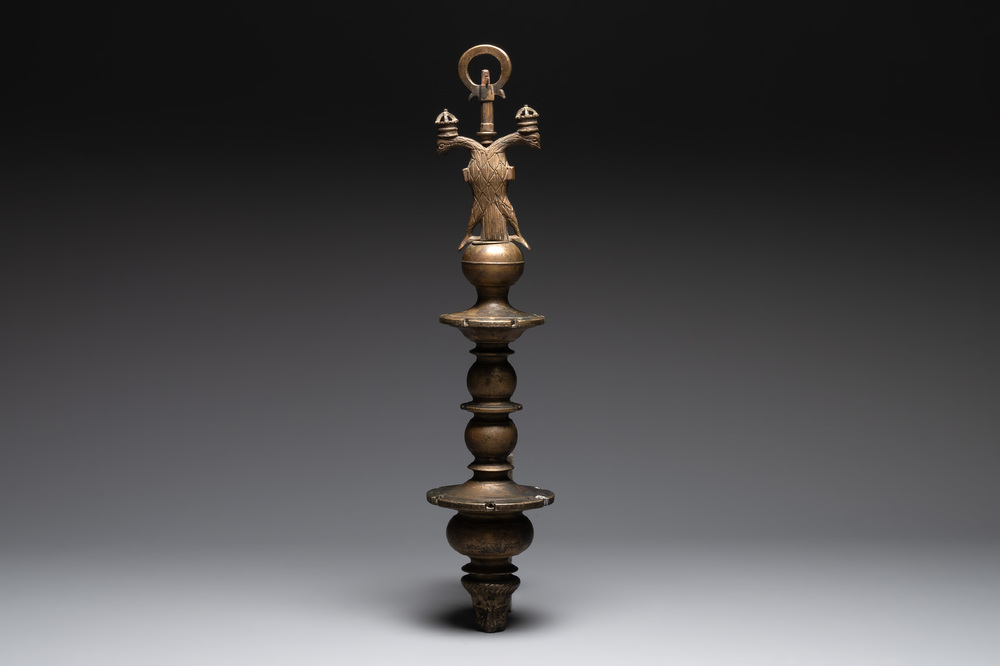 A bronze lustre stem with a double-headed crowned eagle, Flanders, 16th C.