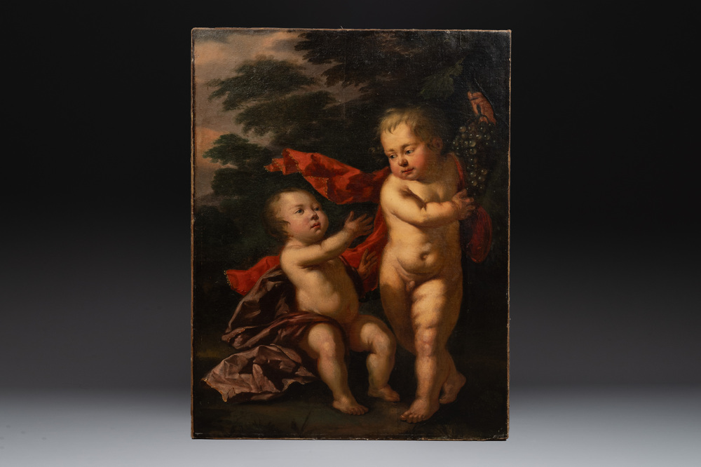 Flemish School: Two putti with a bunch of grapes, oil on canvas, late 17th C.