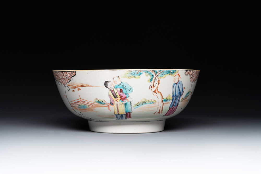 A Chinese Canton famille rose bowl with figures in a garden, Qianlong