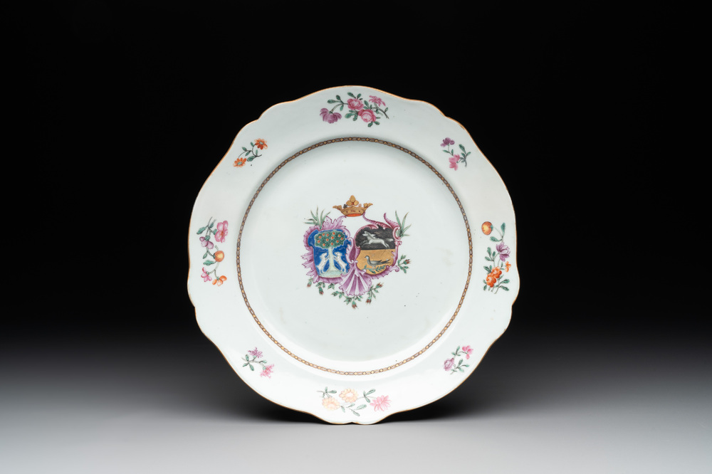 A Chinese famille rose armorial plate with the arms of Nauta Beuckens and Swalue accoll&eacute; for the Dutch market, Qianlong, ca. 1763