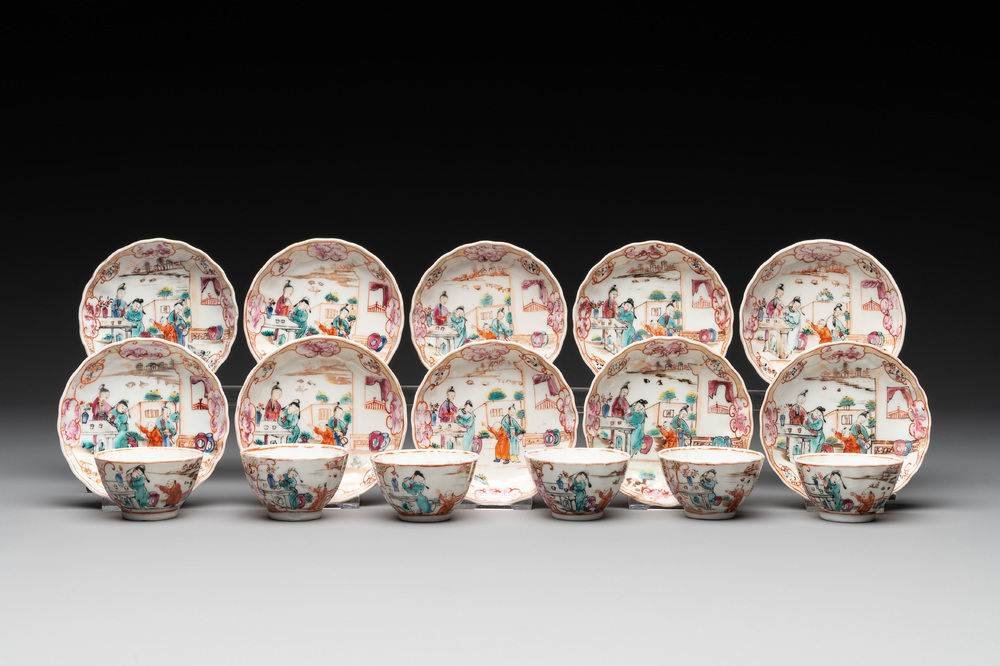 Six Chinese Canton famille rose 'mandarin subject' cups and ten saucers, Qianlong