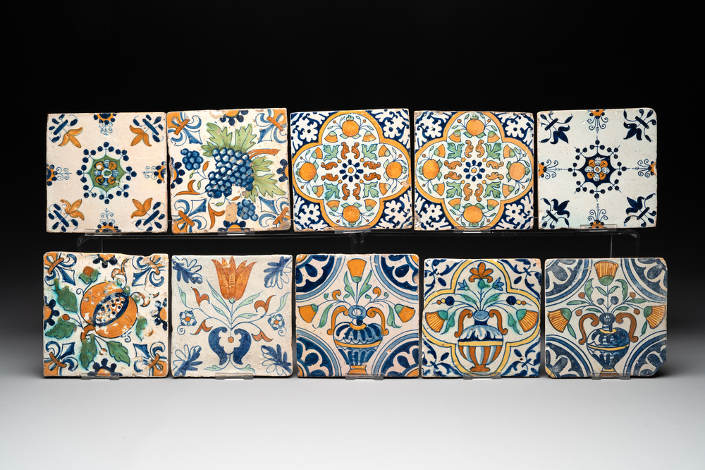 Ten polychrome Dutch Delft tiles with floral design, including Harlem, 17th C.