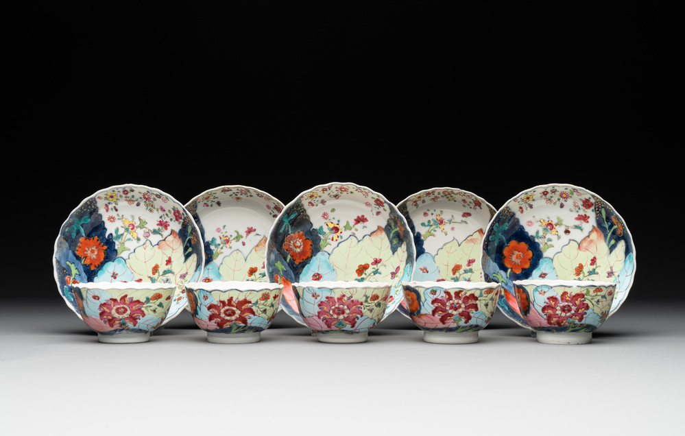Five Chinese famille rose 'tobacco leaf' cups and saucers, Qianlong