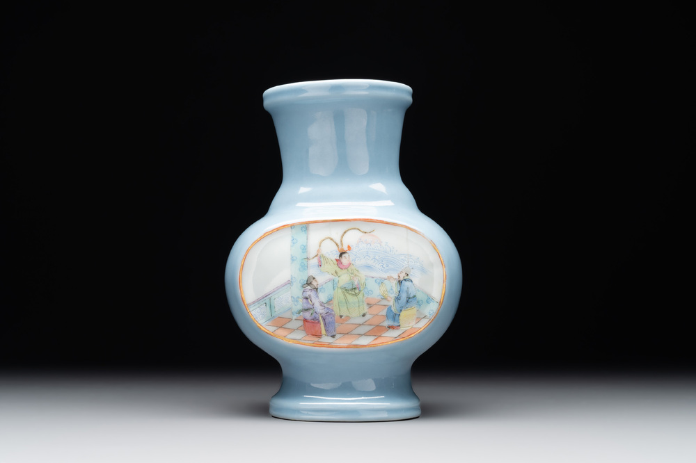 A Chinese famille rose lavender-ground vase with narrative design, Yongzheng mark, Republic