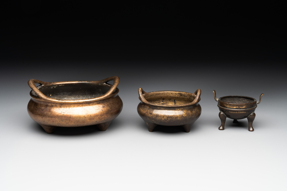 Three Chinese bronze censers, Xuande mark, Ming/Qing