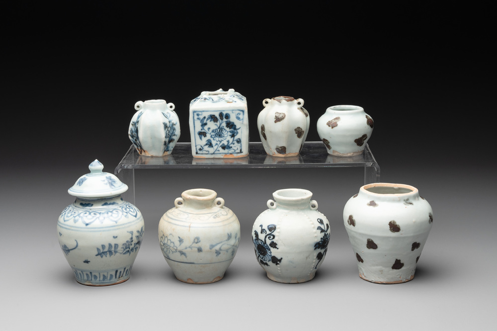 Five Chinese blue and white jarlets and three russet-splashed Longquan celadon jarlets, Yuan/Ming