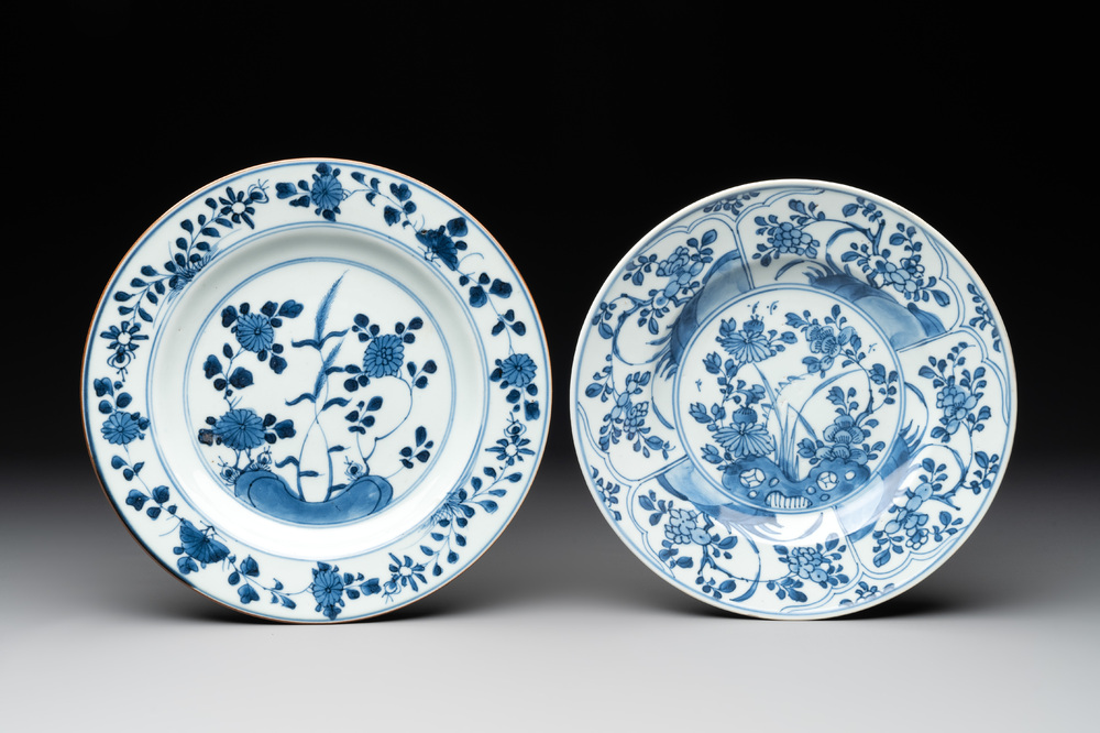 Two Chinese blue and white 'floral' plates with Johanneum Marks, ex-collection of August the Strong, Kangxi/Yongzheng