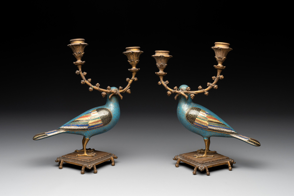 A pair of Chinese cloisonn&eacute; pigeons mounted as candelabras, 19th C.
