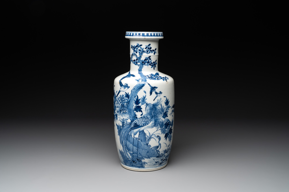 A Chinese blue and white vase with birds among flowering branches, 19th C.
