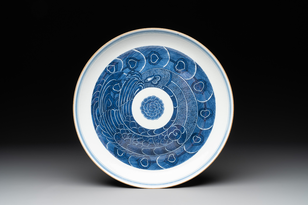A Chinese blue and white 'peacock' dish, Jingdezhen 景德鎮 mark, dated 1955