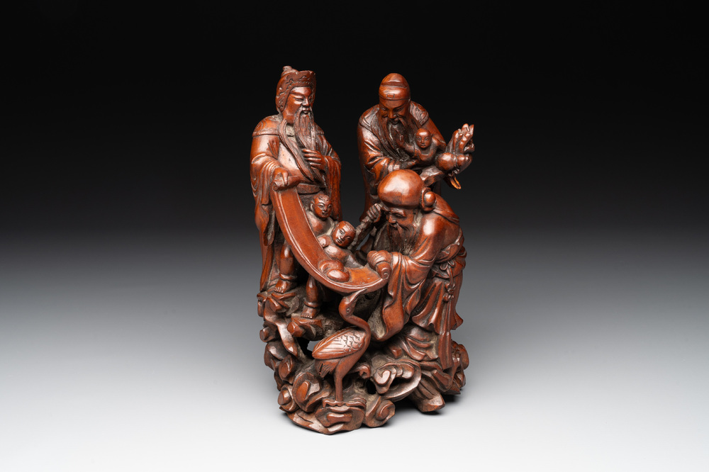 A Chinese carved wooden 'Fu Lu Shou' group, 19/20th C.