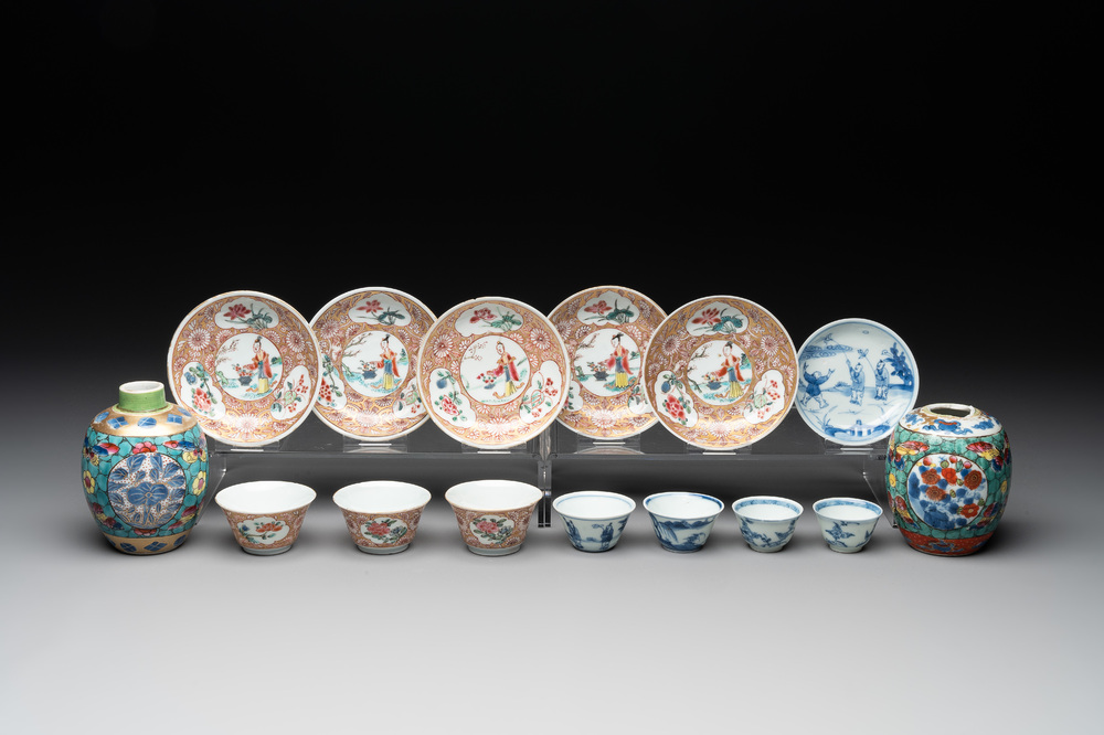 Seven Chinese blue, white and famille rose cups, six saucers and two English-decorated jarlets, Kangxi/Yongzheng
