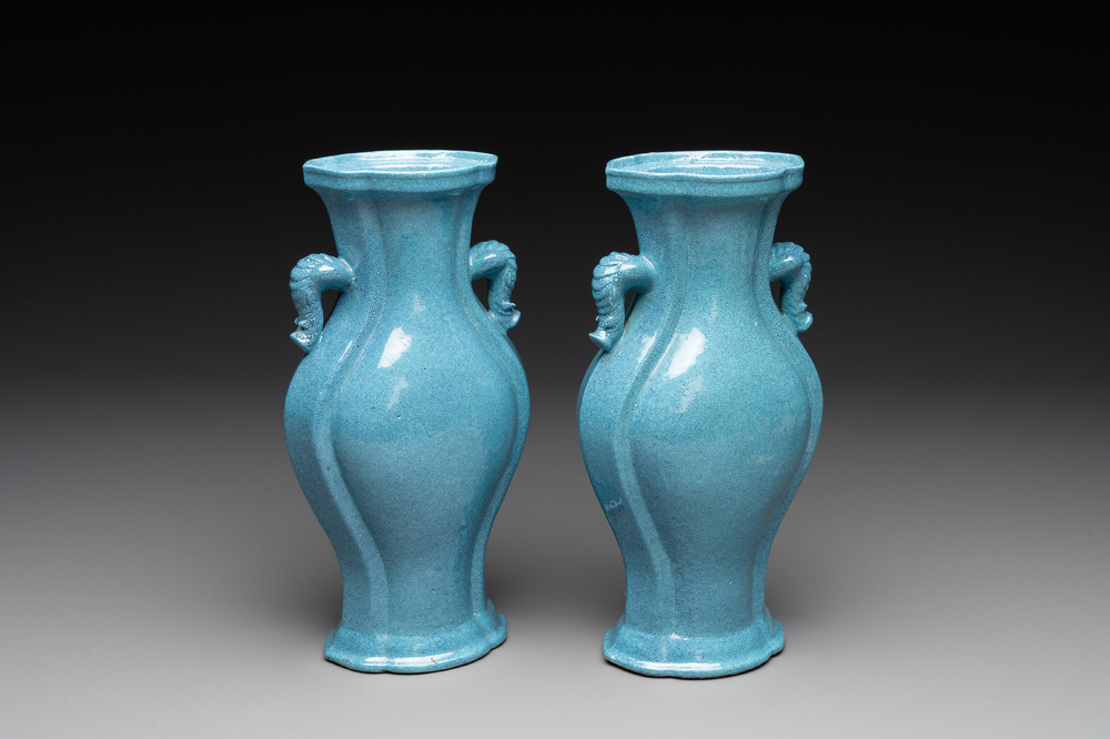 A pair of Chinese robin's egg-glazed vases with 'elephant' handles, 19th C.