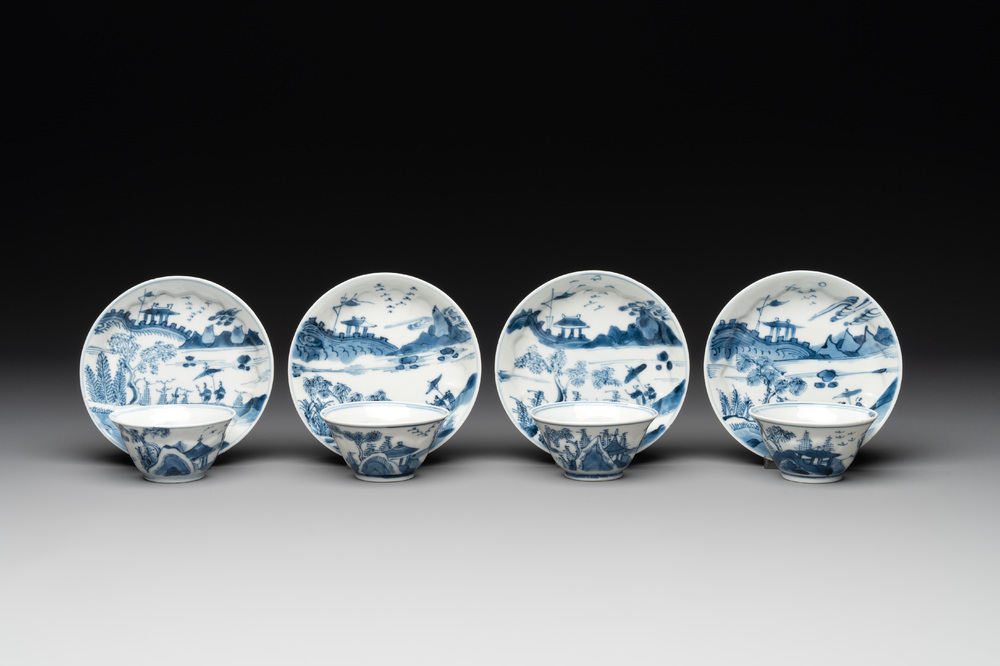 Four Chinese blue and white 'landscape' cups and saucers, Kangxi