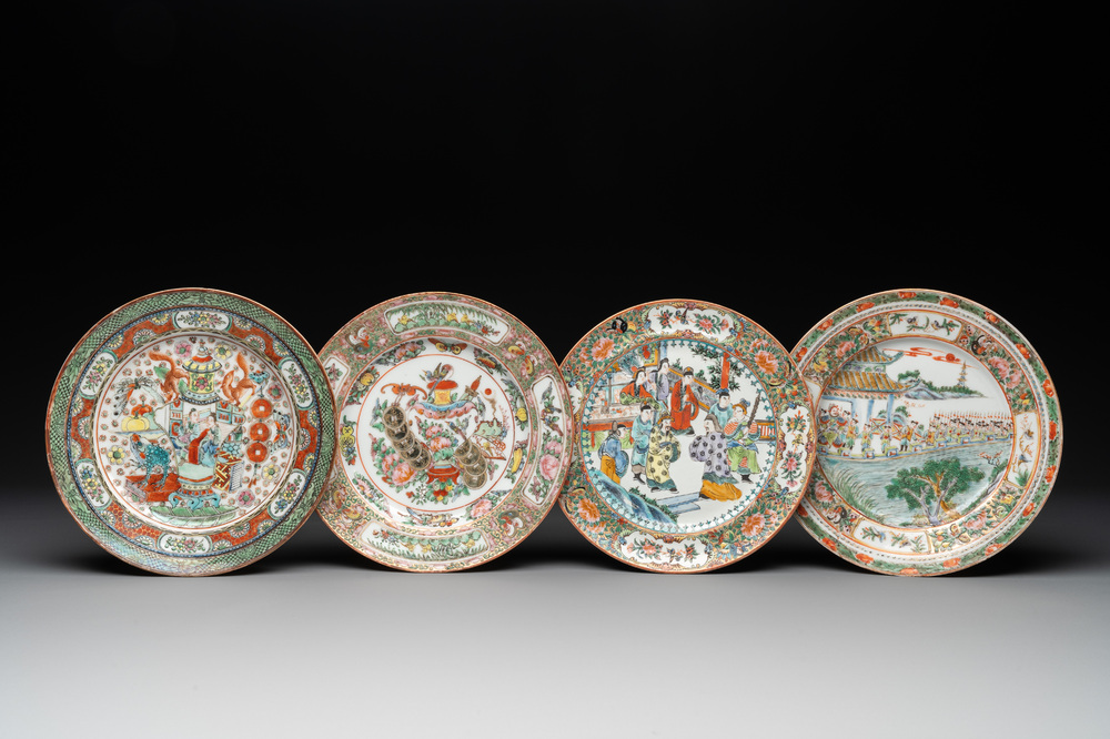 Four unusual Chinese Canton famille rose plates, 19/20th C.