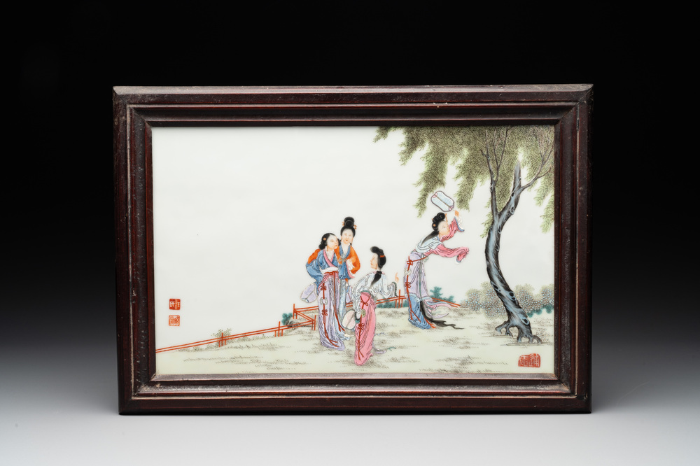 A Chinese famille rose plaque with ladies in a garden, Wang Xiaotang 汪曉棠 mark, 20th C.