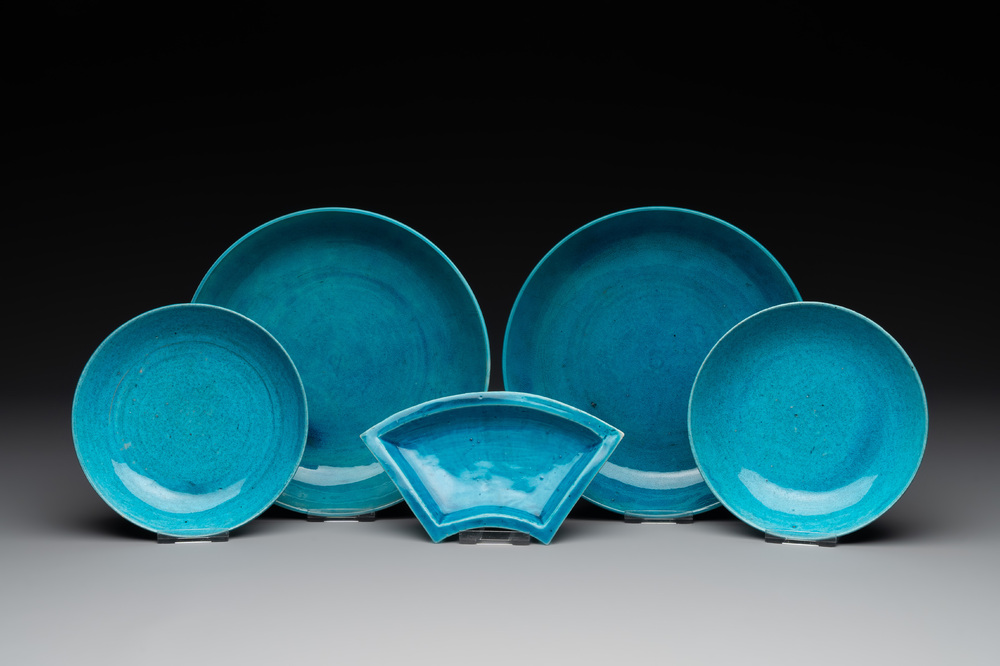 A collection of five Chinese turquoise-glazed wares, 18th C.