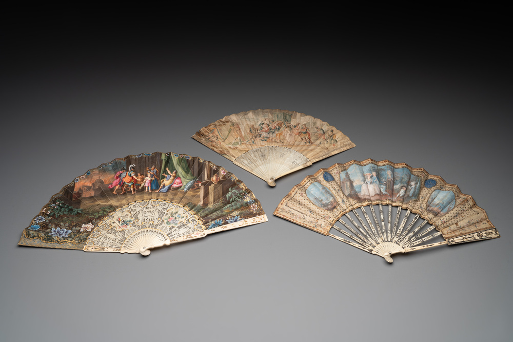 Three folding fans, water colour on paper and bone, France, 18th C.