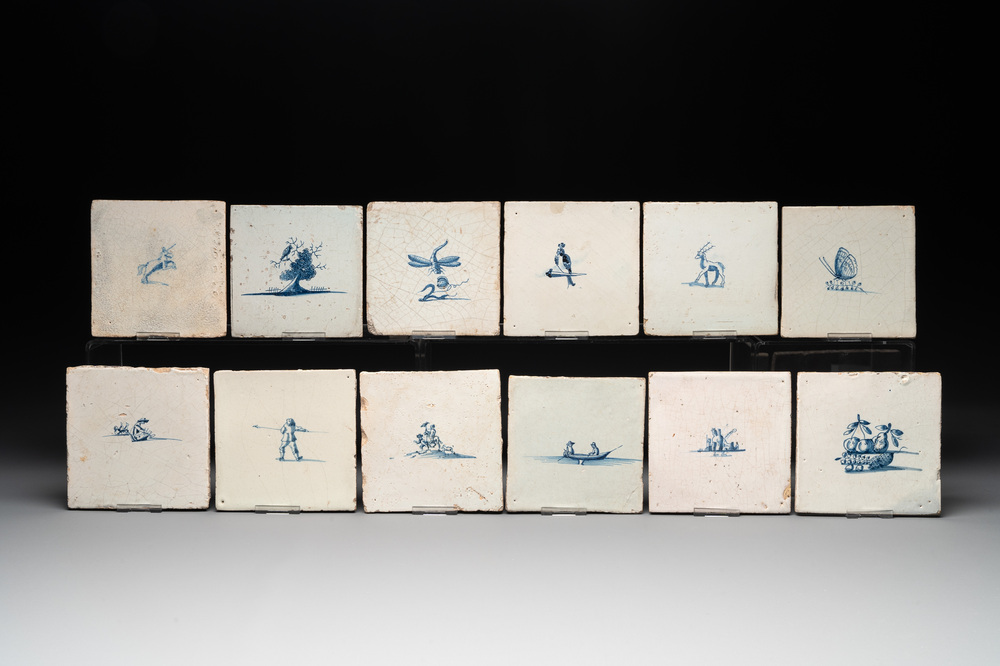 Twelve blue and white Dutch Delft tiles without corner motifs, 17th C.
